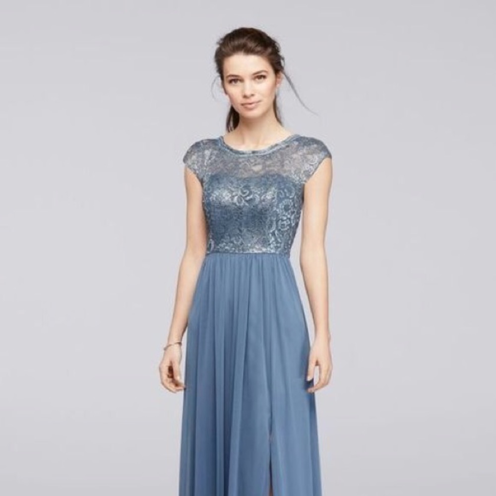 David’s Bridal Lace Steel Blue Metallic